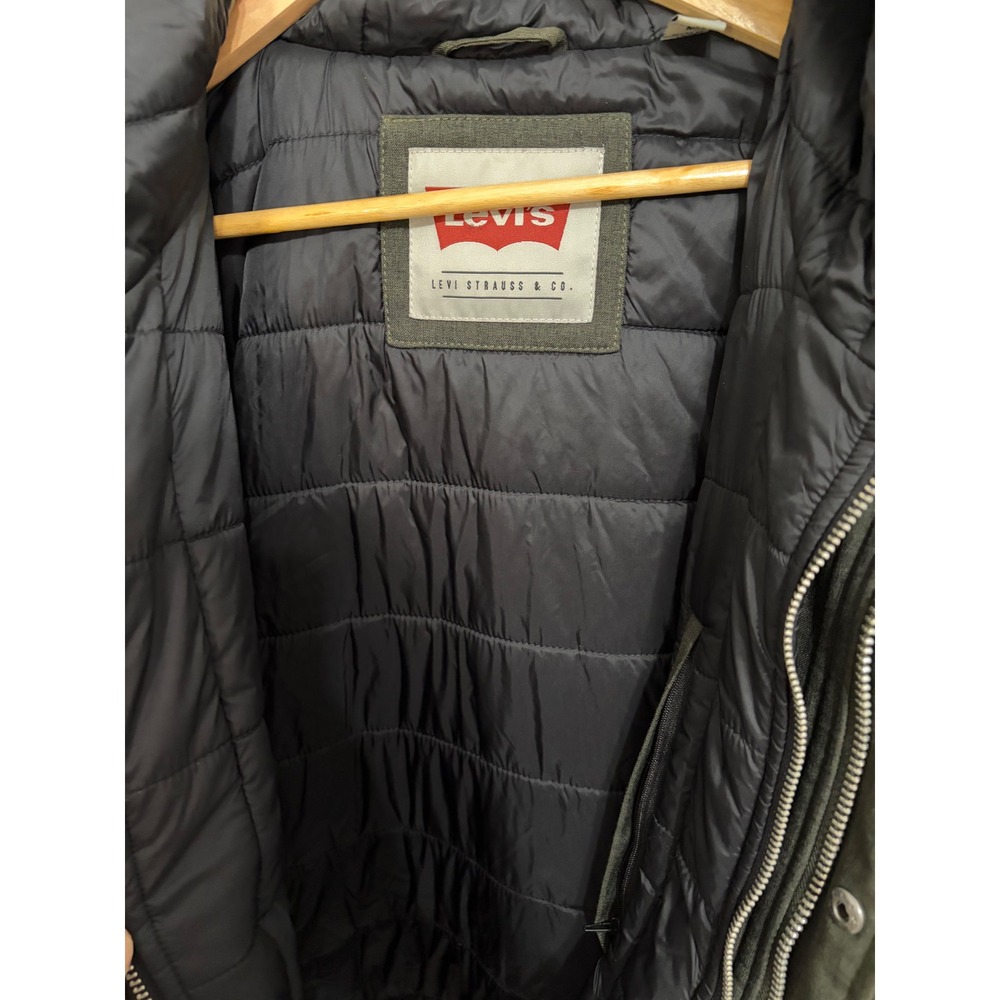 Levis Mens Hooded Parka Jacket Olive Green Quilted Lined Fishtail Coat Medium - Picture 8 of 9